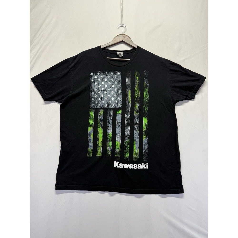 Kawasaki Graphic T-shirt Mens XL Black American Flag Motorcycle Biker Tee Cotton
